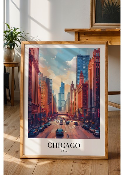 Chicago Gökdelenler Poster - Amerika Temalı Modern Şehir Manzarası - Çerçevesiz Sanat Baskı fiyatları