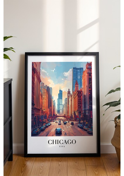 Chicago Gökdelenler Poster - Amerika Temalı Modern Şehir Manzarası - Çerçevesiz Sanat Baskı modelleri