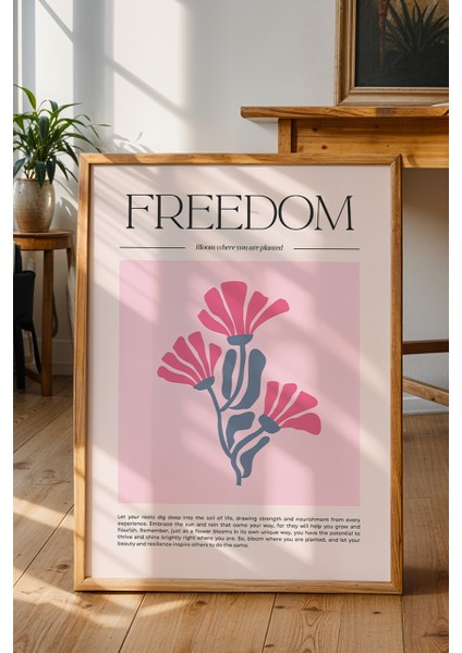 Özgürlük Temalı Freedom Poster - Pembe Renk Çiçek Desenli Minimalist Duvar Dekoru - Çerçevesiz Baskı