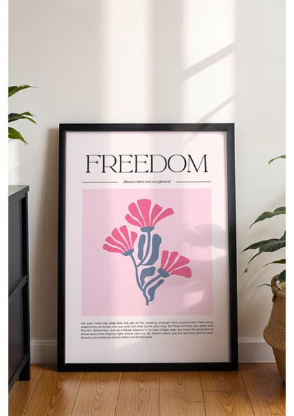 Özgürlük Temalı Freedom Poster - Pembe Renk Çiçek Desenli Minimalist Duvar Dekoru - Çerçevesiz Baskı