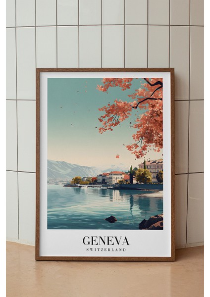 Geneva Göl Manzarası Poster - Isviçre Temalı Pastel Renkli Doğa Dekoru - Çerçevesiz Sanat Baskı