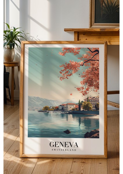 Geneva Göl Manzarası Poster - Isviçre Temalı Pastel Renkli Doğa Dekoru - Çerçevesiz Sanat Baskı fiyatları