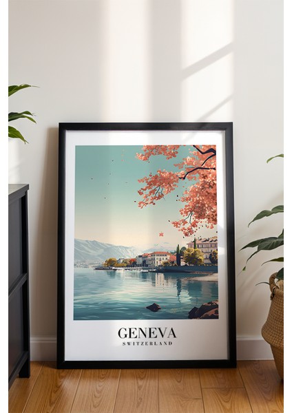 Geneva Göl Manzarası Poster - Isviçre Temalı Pastel Renkli Doğa Dekoru - Çerçevesiz Sanat Baskı modelleri