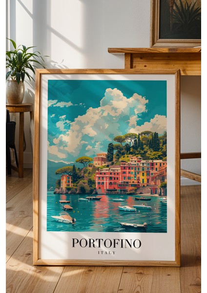 Portofino Italya Limanı Poster - Akdeniz Temalı Doğa Manzara Duvar Dekoru - Çerçevesiz Sanat Baskı