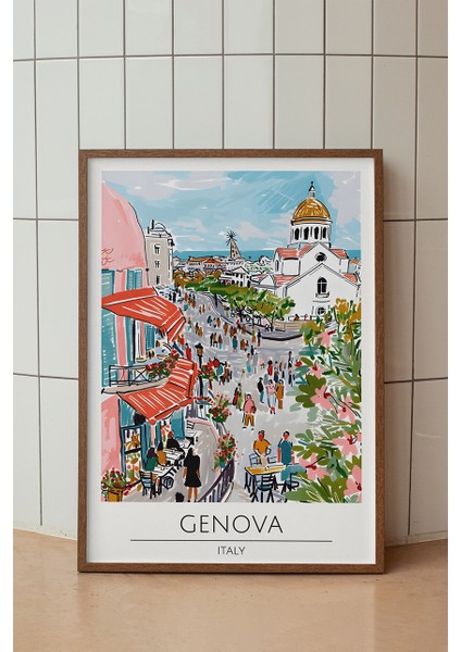 Genova Retro Sulu Boya Poster - Italya Seyahat Temalı Şehir Manzarası - Çerçevesiz Sanat Baskı
