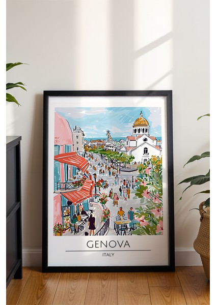 Genova Retro Sulu Boya Poster - Italya Seyahat Temalı Şehir Manzarası - Çerçevesiz Sanat Baskı