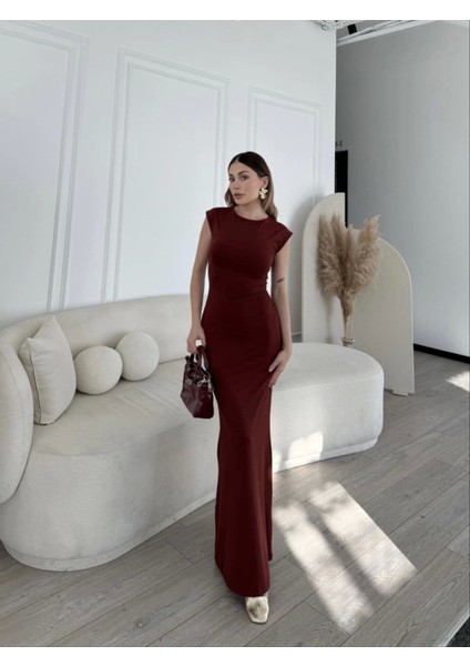 Kolsuz Uzun Likralı Elbise - Bordo