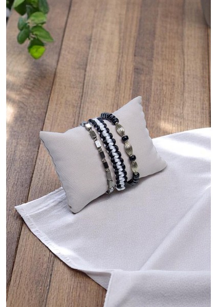 Siyah Gümüş Metal Siyah Beyaz Ip Örgülü Üçlü Set Bileklik fiyatları