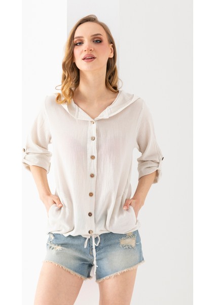 100% Organik Pamuk Kadın Taş Kapşonlu Arkası Dantel Şeritli Gömlek