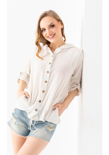 100% Organik Pamuk Kadın Taş Kapşonlu Arkası Dantel Şeritli Gömlek modelleri