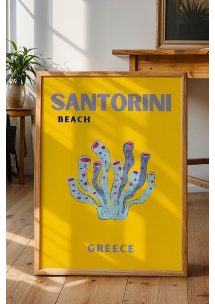 Santorini Deniz Yosunu Illüstrasyonu Poster - Minimalist Seyahat Duvar Dekoru - Çerçevesiz Baskı