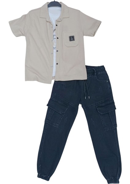 Erkek Çocuk Be Self Yazılı Tişört Gömlek Pantolon Bej Üçlü Takım