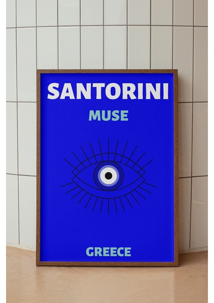 Santotini Nazar Boncuğu Illüstrasyonu Poster - Minimalist Seyahat Duvar Dekoru - Çerçevesiz Baskı