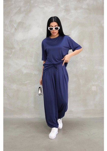 Osy Modal Yumuşak Dokulu Kumaş Oversize Bisiklet Yaka T-Shirt Jogger Eşofman Altı Eşofman Takımı - Lacivert
