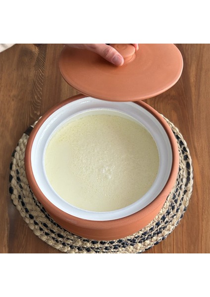 Sırlı Doğal Toprak Kapaklı Yoğurt Mayalama Güveci-tenceresi BEYAZ 3,5 Litre