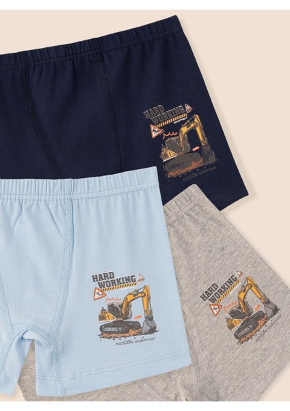 Erkek Çocuk Organik Pamuklu Likralı Boxer Hard Working 3'lü Paket