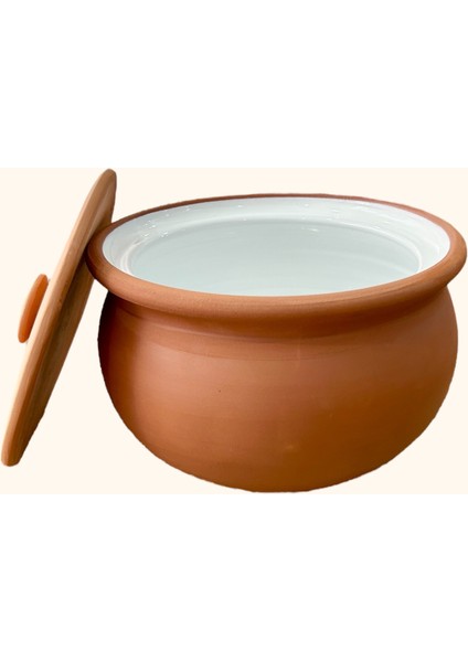Sırlı Doğal Toprak Kapaklı Yoğurt Mayalama Güveci-tenceresi BEYAZ 3,5 Litre