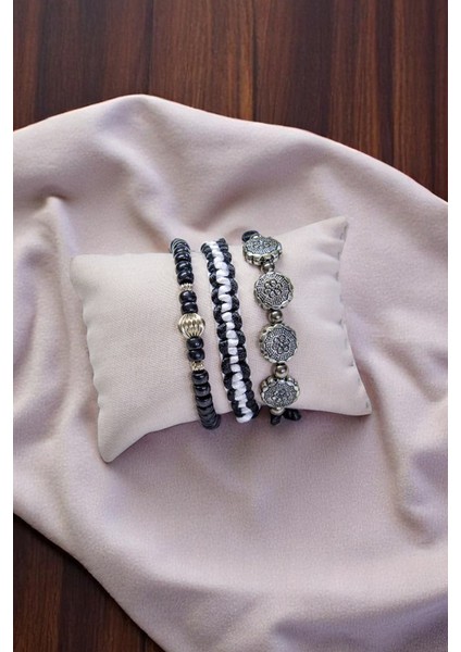 Gümüş Doğal Taşlı Ipli Örgülü Siyah Üçlü Set Bileklik