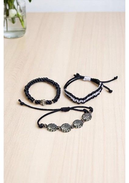 Gümüş Doğal Taşlı Ipli Örgülü Siyah Üçlü Set Bileklik fiyatları