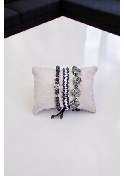 Gümüş Doğal Taşlı Ipli Örgülü Siyah Üçlü Set Bileklik modelleri