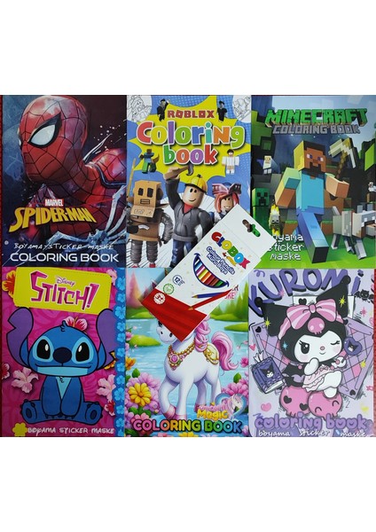 6 Adet Stickerli Boyama Kitabı 12 Li Kuru Boya Kalemi AD5011
