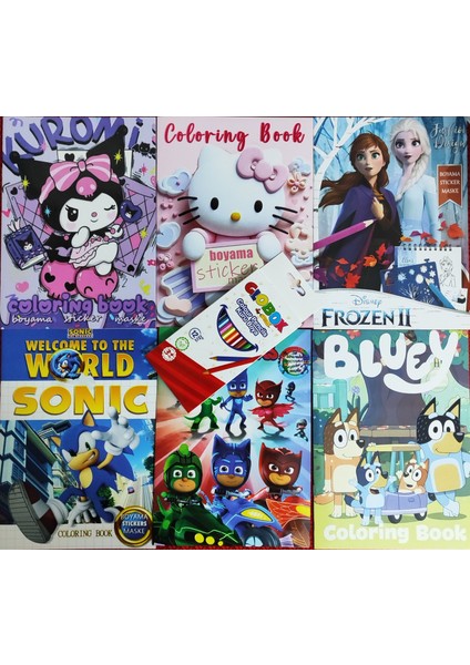 6 Adet Stickerli Boyama Kitabı 12 Li Kuru Boya Kalemi AD5013