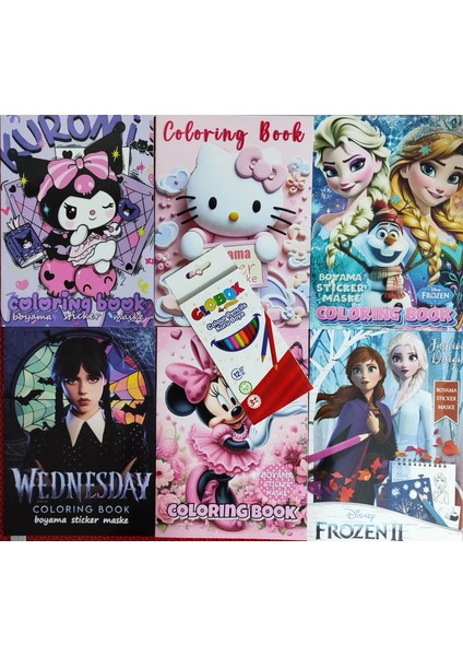 6 Adet Stickerli Boyama Kitabı 12 Li Kuru Boya Kalemi AD5015