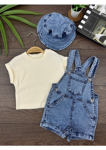Bebek Denim Salopet Takım Şapkalı 3’lü Yazlık Kombin