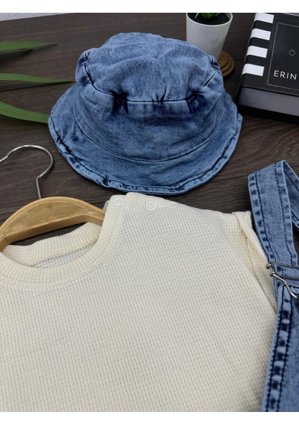 Bebek Denim Salopet Takım Şapkalı 3’lü Yazlık Kombin