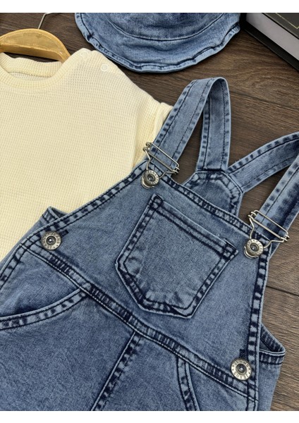 Bebek Denim Salopet Takım Şapkalı 3’lü Yazlık Kombin