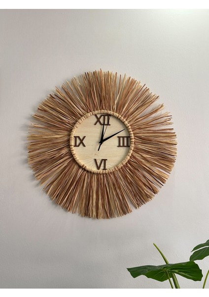 Bohem Modern Ahşap Rafya Duvar Saati