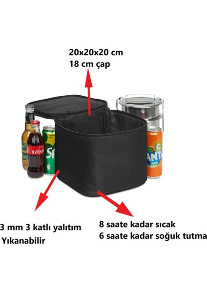 Termos Çanta Soğuk Sıcak Tutucu Sıvı Geçirmez Sefer Tası Yemek ve Içecek Taşıma Çantası (Siyah)
