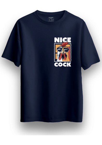 Unisex Oversize Bisiklet Yaka Sons Nice Cock Baskılı Kısa Kollu Lacivert Tişört