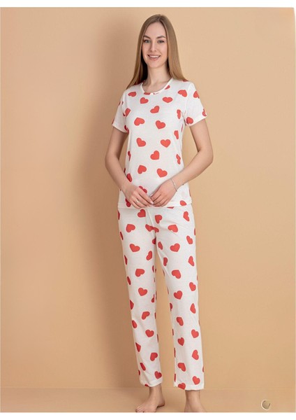 Beyaz Kalplli Kısa Kollu Pijama Takımı