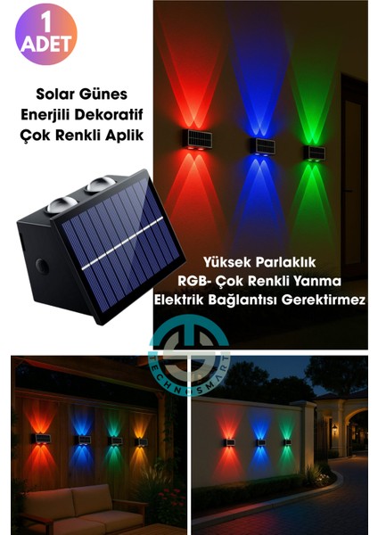 1ADET Güneş Enerjili Çift Taraflı 4 Ledli Aplik Rgb Işık Duvar Lambası Bahçe Aydınlatma