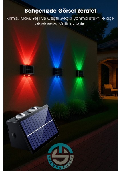1ADET Güneş Enerjili Çift Taraflı 4 Ledli Aplik Rgb Işık Duvar Lambası Bahçe Aydınlatma