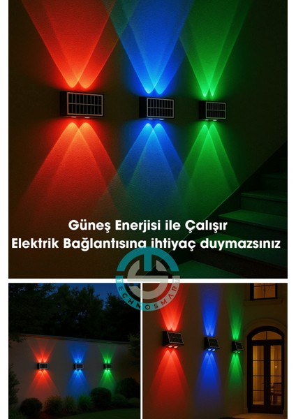 1ADET Güneş Enerjili Çift Taraflı 4 Ledli Aplik Rgb Işık Duvar Lambası Bahçe Aydınlatma