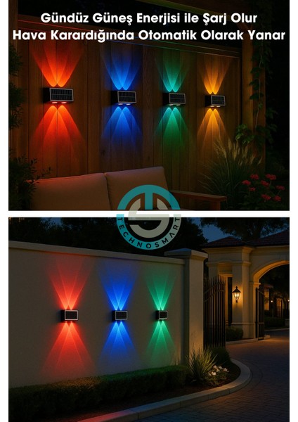 1ADET Güneş Enerjili Çift Taraflı 4 Ledli Aplik Rgb Işık Duvar Lambası Bahçe Aydınlatma