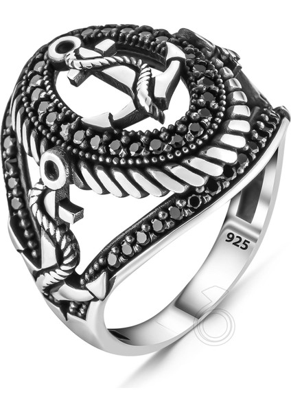 925 Ayar Gümüş Mikro Taşlı Çapa Tasarım Erkek Yüzük