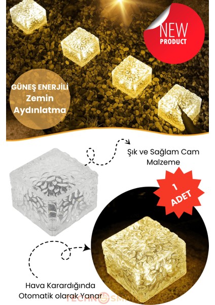 1ADET Solar Premium Kalite Cam Dekoratif Zemin Bahçe Aydınlatma Güneş Enerjili