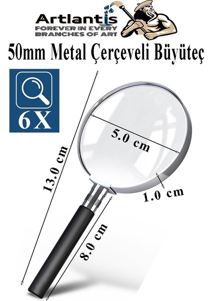 Metal Büyüteç 50 mm 1 Adet 6x Plastik Sap Çerçeveli 5 cm Büyüteç Merçek Okul Büro Ofis Krom Kaplama Büyüteç