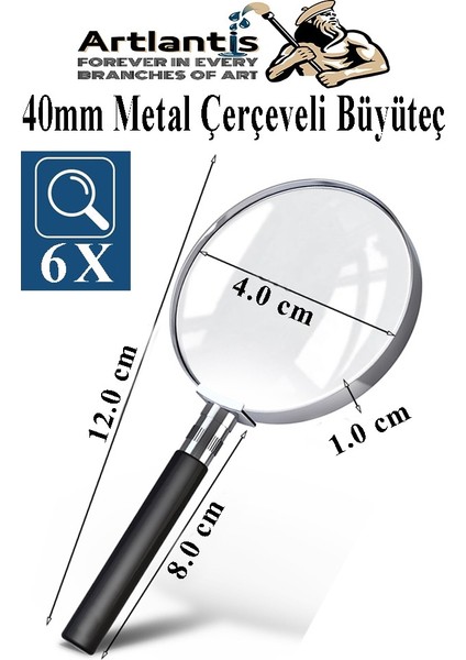 Metal Büyüteç 40 mm 1 Adet 6x Plastik Sap Çerçeveli 4 cm Büyüteç Merçek Okul Büro Ofis Krom Kaplama Büyüteç