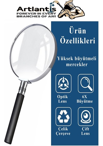 Metal Büyüteç 90 mm 1 Adet 6x Plastik Sap Çerçeveli 9 cm Büyüteç Merçek Okul Büro Ofis Krom Kaplama Büyüteç