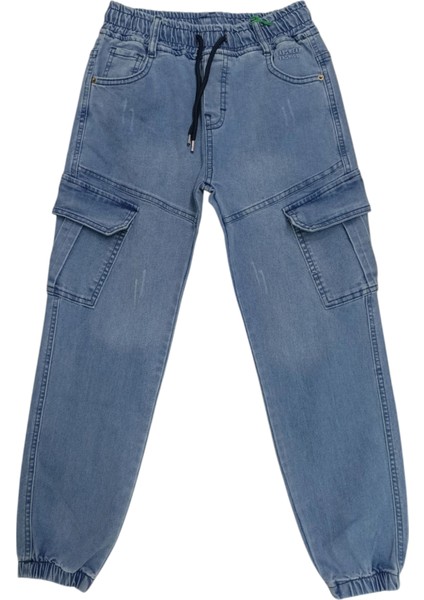 Erkek Çocuk Bel Bilek Lastikli Çift Kargo Cepli Mavi Kot Pantolon 3018
