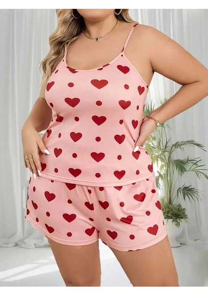 Pembe Büyük Beden Kalpli Askılı Şortlu Takım