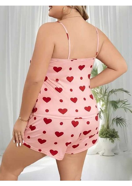 Pembe Büyük Beden Kalpli Askılı Şortlu Takım fiyatları
