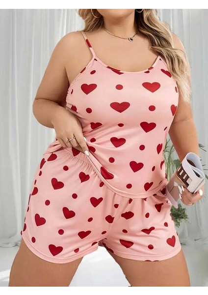Pembe Büyük Beden Kalpli Askılı Şortlu Takım modelleri