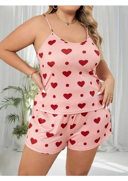 Pembe Büyük Beden Kalpli Askılı Şortlu Takım fırsatları