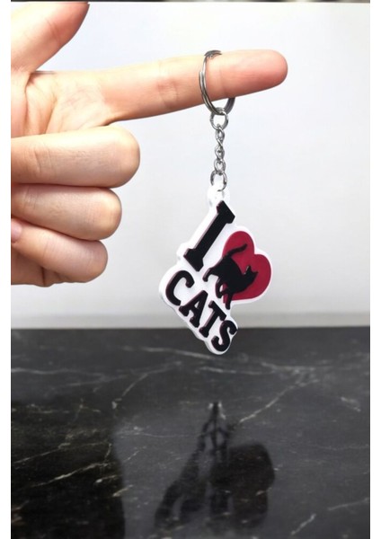 Siyah I Love Cats Yazılı Kedi Figürlü Sert Plastik Anahtarlık - Hediyelik