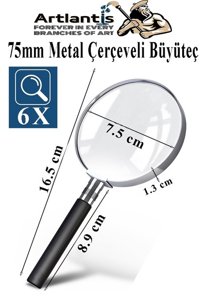 Metal Büyüteç 75 mm 1 Adet 6x Plastik Sap Çerçeveli 7.5 cm Büyüteç Merçek Okul Büro Ofis Krom Kaplama Büyüteç